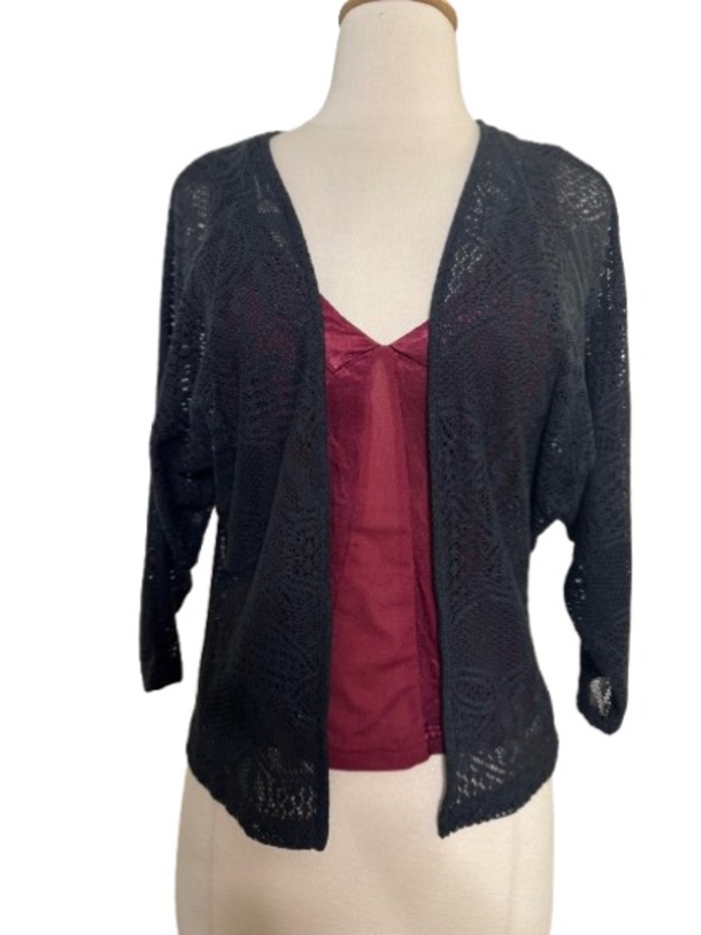 h.i.p. Black Open-Front Knit Cardigan with Lace Detail